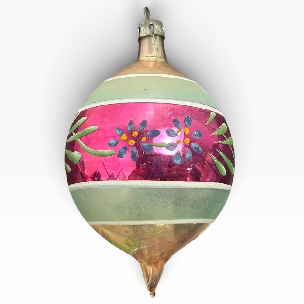 Vintage Poland Hand Painted Glass Christmas Ornament Pink Floral Teardrop 3x2